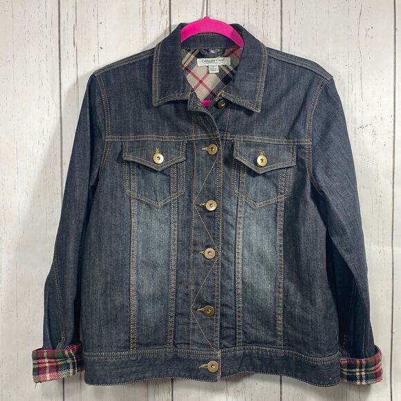 Coldwater Creek Plaid Lined Denim Jacket Womens S Preppy Classic Fall Layering - Picture 1 of 12
